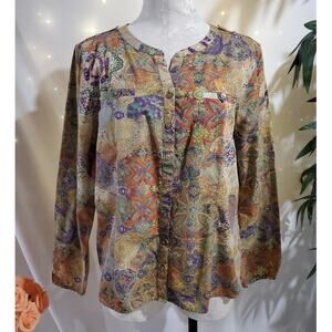 Orvis Womens Paisley Boho Mandala Shell Button Blouse Size 16 Multicolor Hippie
